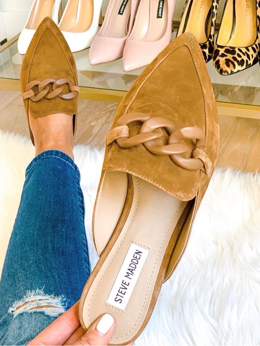 Steve Madden Fleur Brown Suede Chain-Trim Pointed Mules 9